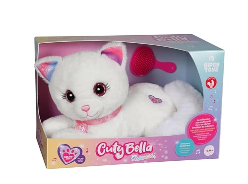 Gipsy Toys Cuty Bella Fashionista - Peluche Interactivo Gato Cuty Bella Fashionista - Todo Dulce Que se Ilumina con el Ritmo de Bonitas melodías - 30 cm - Blanco Rosa