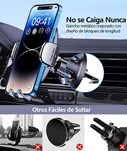 Glangeh Soporte Movil Coche [2023 Gancho Mejorado] para Ventilación de Aire, 360° Rotación Accesorios Movil Coche con Liberación de un Botón, Compatible con iPhone y Otros 4-7”