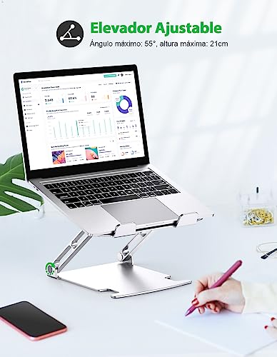 Glangeh Soporte Portatil Mesa Estable, Aleación de Aluminio Elevador Portatil con Ergonómico Altura Ajustable, Ventilado Laptop Stand Compatible con MacBook Air/Pro DELL HP Lenovo y Tabletas 10-16”