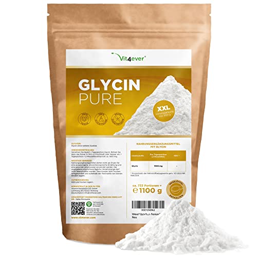 Glicina pura - 1100 g (1,1 kg) de polvo puro sin aditivos - Con cuchara dosificadora - 100% aminoácido glicina - Vegano