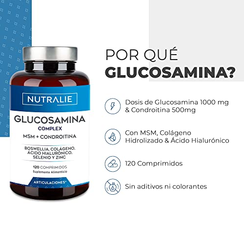 Glucosamina con Condroitina, MSM y Colágeno, Para Articulaciones, Cartílago y Huesos, Antiinflamatorio Natural que Reduce el Dolor con Ácido Hialurónico, Boswelia, Selenio, Zinc, 120 Comprimidos