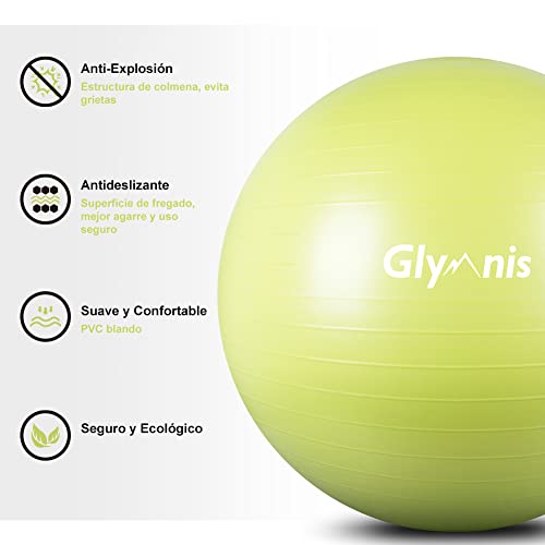 Glymnis Pelota de Pilates Pelota Anti-Burst para Pilates Gimnasia Fitness Equilibrio Yoga Embarazo 55cm 65cm 75cm con Hinchador Verde Lima (65cm)