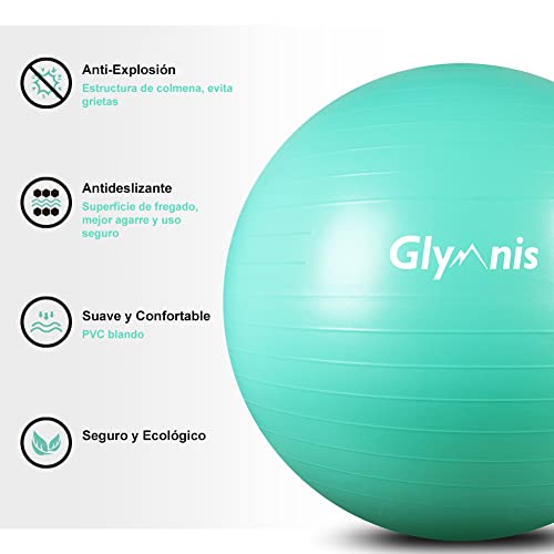 Glymnis Pelota de Pilates Pelota Anti-Burst para Pilates Gimnasia Fitness Equilibrio Yoga Embarazo 55cm 65cm 75cm con Hinchador Verde Menta (75cm)