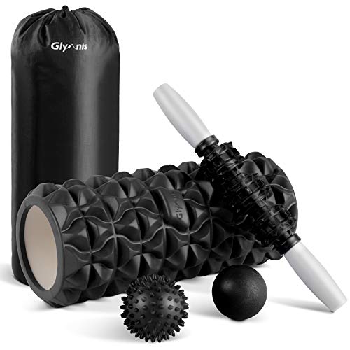 Glymnis Rodillo Masaje Muscular Foam Roller Masajes Muscular 4 en 1 con 1 Rodillo de Espuma 1 Palo de Masaje y 2 Bolas de Masaje para Relajar los músculos Reducir el Dolor del Cuerpo Negro