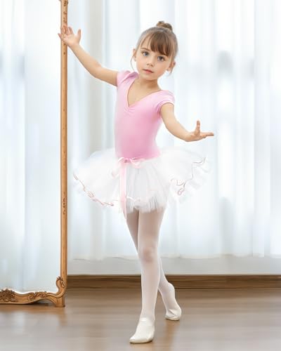 Gogokids Leotardos de Ballet para Niñas, Vestido de Danza para Niñas Pequeñas con Leotardos de Danza de Manga Corta y Falda de Tutú, Perfecto para Clases de Ballet y Actuaciones de 4-5 años