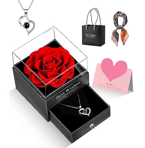 GOICC Rosa Eterna Natural Preservada con Collar Regalos Originales para Mujer Mama Novia Hermana Abuela Caja Regalo (Rojo)