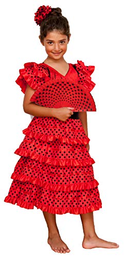 Gojoy shop - Disfraz de sevillana flamenco para niña, contiene: vestido, mantón y accesorios. (3 colores y 5 tallas diferentes.) (ROJO, 6)