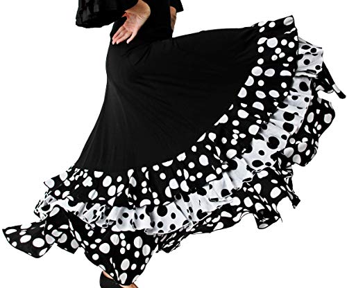 Gojoy shop- Falda Profesional de Lunares para Baile Danza Flamenco o Sevillanas para Mujer con 3 Volantes (L, Blanco)