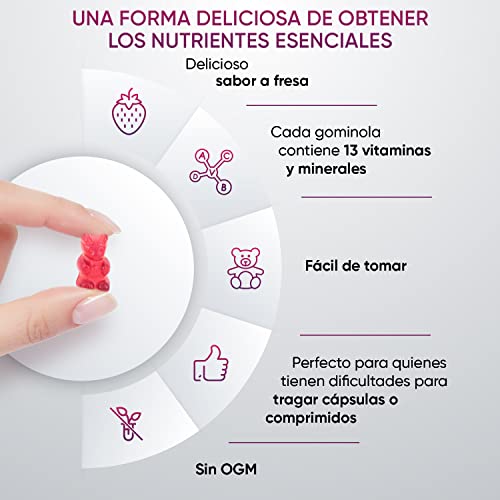 Gominolas Multivitaminas y Minerales, 120 Gummies (Sabor Fresa) - 13 Vitaminas y Minerales como Vitamina D3, C, B6, B12, E, Biotina, Zinc y Ácido Fólico, para 2 meses, Sin Gluten