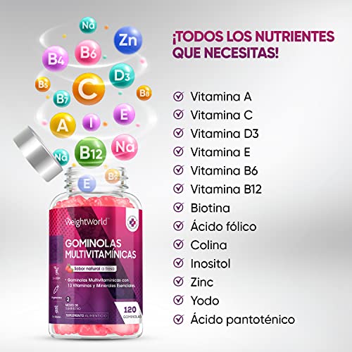 Gominolas Multivitaminas y Minerales, 120 Gummies (Sabor Fresa) - 13 Vitaminas y Minerales como Vitamina D3, C, B6, B12, E, Biotina, Zinc y Ácido Fólico, para 2 meses, Sin Gluten