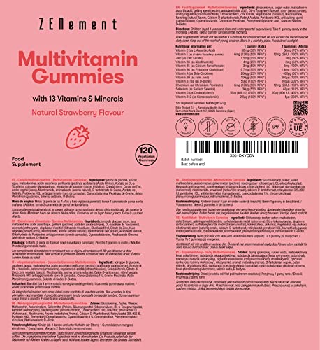 Gominolas Multivitaminas y Minerales, Para Niños, Mujeres y Hombres, 120 Gummies | Sabor Natural a Fresa | Con 13 Vitaminas y Minerales | Libre de Gelatina, Vegetariano, Sin Gluten | Zenement