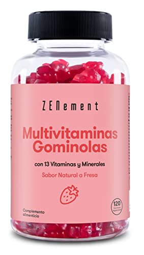 Gominolas Multivitaminas y Minerales, Para Niños, Mujeres y Hombres, 120 Gummies | Sabor Natural a Fresa | Con 13 Vitaminas y Minerales | Libre de Gelatina, Vegetariano, Sin Gluten | Zenement