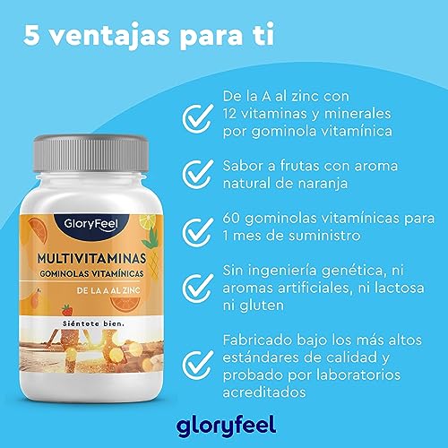 Gominolas Multivitaminas y Minerales - Todas las vitaminas A, B2, B6, B12, C, D3, E, K2, Biotina, Ácido fólico, Zinc y Yodo - Multivitaminico para hombres, mujeres, niños - 12 vitaminas y minerales