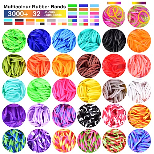 Gomitas Gomas para Hacer Pulseras 3000+ Elasticas 32Colores Kit Gomas Pulseras y Ganchos Caja Gomillas para Hacer Pulseras Aritos de Goma Elasticos Niñas Loom Bands Kit Niños Juego Bandas Joyas Pack