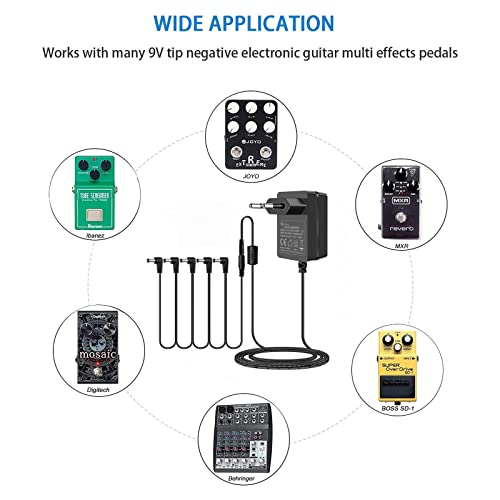 Gonine Adaptador de pedal de efectos de guitarra de 9V 1,5A cable de alimentación con cable, cable de cadena tipo margarita de 5 vías, centro negativo, cable de longitud extendida