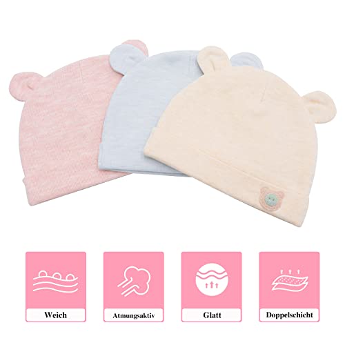 Gorro unisex para bebé, recién nacido, algodón, gorro de invierno para bebé, niña, bebé, bebé, bebé, niños, niños de 0 a 12 meses, 3 unidades, Runde Ohren, Talla única