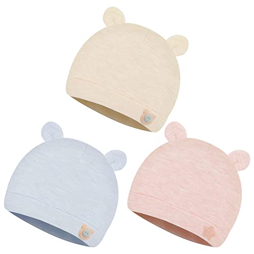 Gorro unisex para bebé, recién nacido, algodón, gorro de invierno para bebé, niña, bebé, bebé, bebé, niños, niños de 0 a 12 meses, 3 unidades, Runde Ohren, Talla única