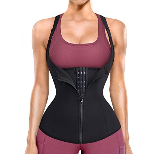 Gotoly Fajas Reductoras Corset Mujer para Deporte Fitness Corsé Abdomen Chaleco Sauna Neopreno con Cremallera para Sudar (L, Negro)