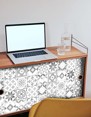 GOYAPRINT Vinilo Decorativo Hidraulico Imitacion Baldosa 130x40cm para Pared y Muebles Papel Autoadhesivo Impermeable Mosaico Azulejos (130x40 cm, Baldosa Hidráulica blanca)