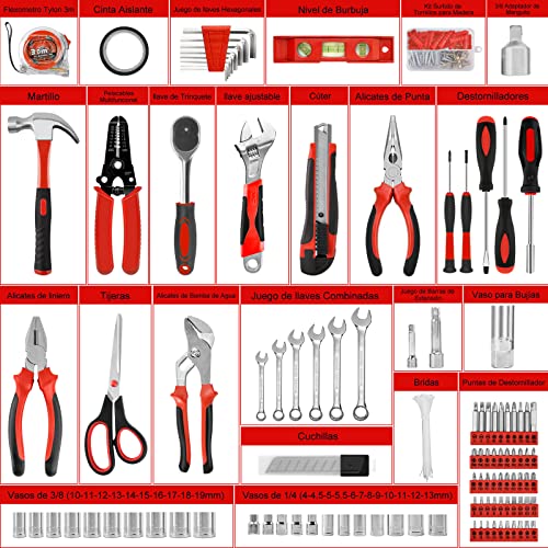 GoYwato Caja Herramientas Completa 287-Piezas - Juego Herramientas Completa Maletin Herramientas Caja Herramientas Portátil con Llave Ajustable Alicates de Bomba de Agua Pelacables Para Hogar o Garaje