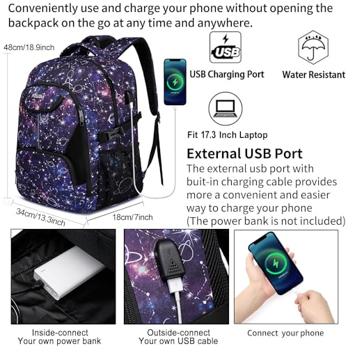 Grande Mochila Portatil 17.3 Pulgadas, Mochilas Escolares para Adolescente Hombre Mujer, Mochila Ordenador Portatil con Puerto USB Bolsa para Universidad Secundaria Trabajo Viaje, Galaxia Morado