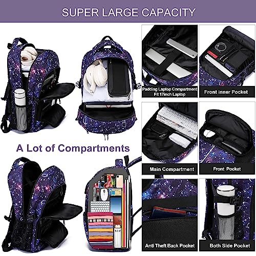 Grande Mochila Portatil 17.3 Pulgadas, Mochilas Escolares para Adolescente Hombre Mujer, Mochila Ordenador Portatil con Puerto USB Bolsa para Universidad Secundaria Trabajo Viaje, Galaxia Morado