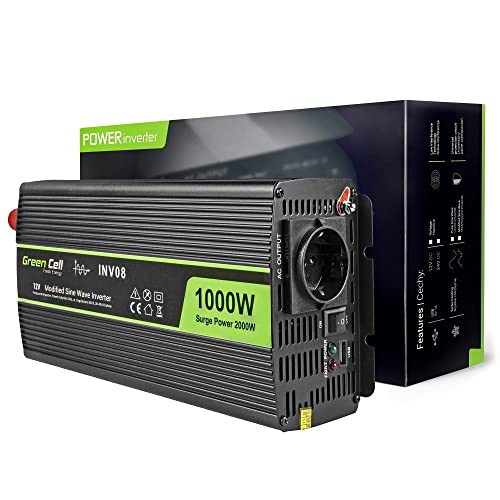 Green Cell® 1000W/2000W 12V a 220V/230V Onda sinusoidal modificada Inversor de Corriente DC AC Power Inverter Transformador de Voltaje para Coche Camion con Puerto USB y Pinzas de conexión a batería