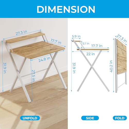 GreenForest Escritorio Plegable pequeño No Requiere ensamblaje, 69.5 x 45 x 82.5 cm Escritorio de computadora de 2 Niveles con Estante Mesa Plegable Que Ahorra Espacio para Espacios pequeños, Beige