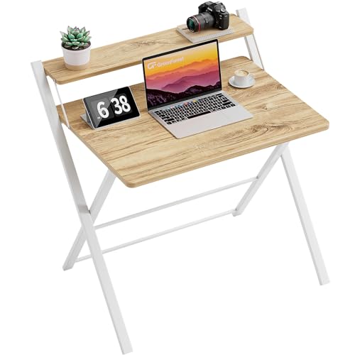 GreenForest Escritorio Plegable pequeño No Requiere ensamblaje, 69.5 x 45 x 82.5 cm Escritorio de computadora de 2 Niveles con Estante Mesa Plegable Que Ahorra Espacio para Espacios pequeños, Beige