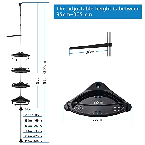 GRICOL Telescópica Estantería Ducha Esquina Estante Ducha sin Taladro Estantería Baño Acero Inoxidable con 4 Cestas y 1 Toallero para Bañera y Baño Altura Ajustable 95-305CM Negro