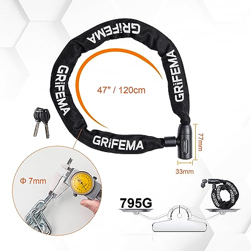 GRIFEMA GA1201-12 Candado de Bicicleta Antirrobo con Llave, Candado de Cadena para Bicicletas, Motos, Scooters, 120cm, Negro