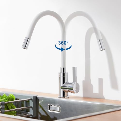 Grifo Cocina Flexible Blanco, Auralum Grifos Cocina Fregadero Giratorio 360 °, Mezclador de Fregadero con Manguera Flexible, Monomando Ahorro de Energía