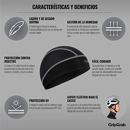 GripGrab UPF 50+ Lightweight UV-Protection Under Helmet Skull-Cap Summer Bicycle Hat Road MTB Gravel Bike Headwear, Negro, Talla única