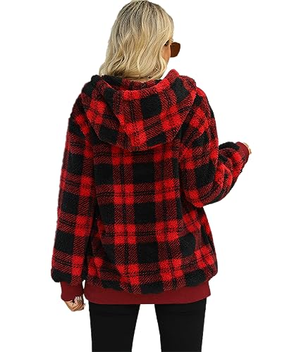 GRMLRPT Sudadera con Capucha Mujer Casual Felpa para Mujeres Sudadera Lana con Capucha de Manga Larga Suéter Patrón a Cuadros Hoodie Otoño-Invierno(Rojo,XXL)