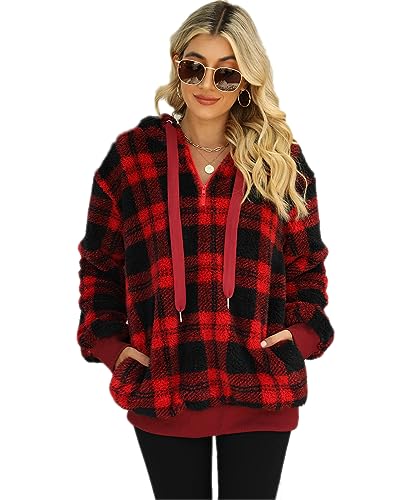 GRMLRPT Sudadera con Capucha Mujer Casual Felpa para Mujeres Sudadera Lana con Capucha de Manga Larga Suéter Patrón a Cuadros Hoodie Otoño-Invierno(Rojo,XXL)