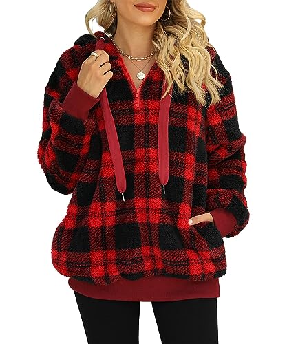 GRMLRPT Sudadera con Capucha Mujer Casual Felpa para Mujeres Sudadera Lana con Capucha de Manga Larga Suéter Patrón a Cuadros Hoodie Otoño-Invierno(Rojo,XXL)