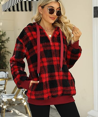 GRMLRPT Sudadera con Capucha Mujer Casual Felpa para Mujeres Sudadera Lana con Capucha de Manga Larga Suéter Patrón a Cuadros Hoodie Otoño-Invierno(Rojo,XXL)