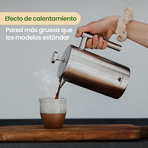 Groenenberg Cafetera francesa 0,6 litro (3 Tazas) | Cafetera émbolo de acero inoxidable (inox) | French Press de doble pared aislada | Prensa francesa con filtros de repuesto e instrucciones