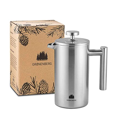 Groenenberg Cafetera francesa 0,6 litro (3 Tazas) | Cafetera émbolo de acero inoxidable (inox) | French Press de doble pared aislada | Prensa francesa con filtros de repuesto e instrucciones