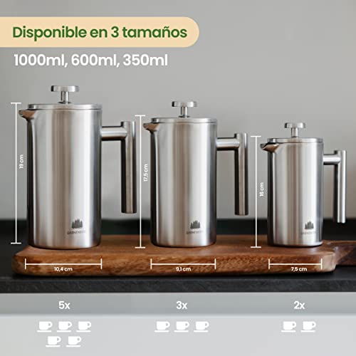 Groenenberg Cafetera francesa 0,6 litro (3 Tazas) | Cafetera émbolo de acero inoxidable (inox) | French Press de doble pared aislada | Prensa francesa con filtros de repuesto e instrucciones