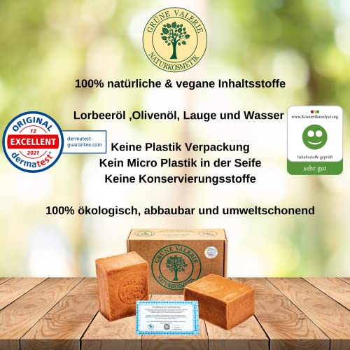 Grüne Valerie® Set de jabón original de Alepo 2 x 200g (400g) con 20%/80% de aceite de laurel/aceite de oliva, valor PH 8 Detox, hecho a mano, madurado durante 6 años