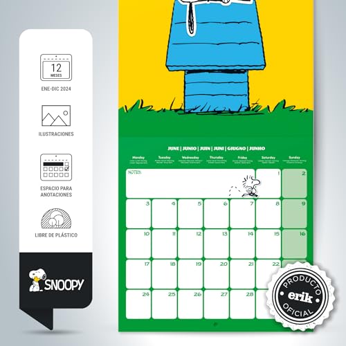 Grupo Erik Calendario 2024 pared Snoopy - Calendario pared 2024 - Planificador mensual 30x30 cm | Calendario Snoopy 2024