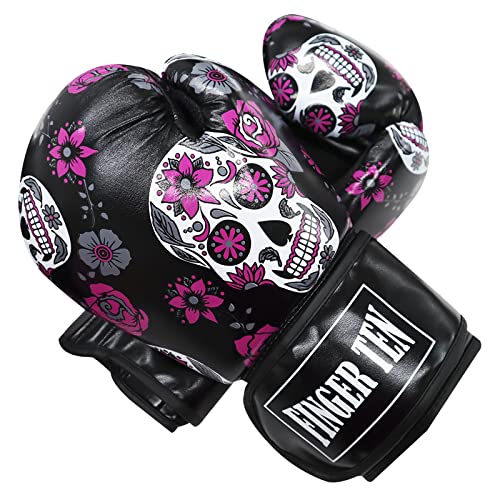 Guante de boxeo para mujer, adulto, 10 oz, de entrenamiento de piel sintética, guantes de formación profesionales, calavera), color negro