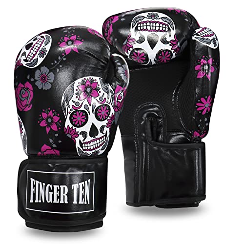 Guante de boxeo para mujer, adulto, 10 oz, de entrenamiento de piel sintética, guantes de formación profesionales, calavera), color negro