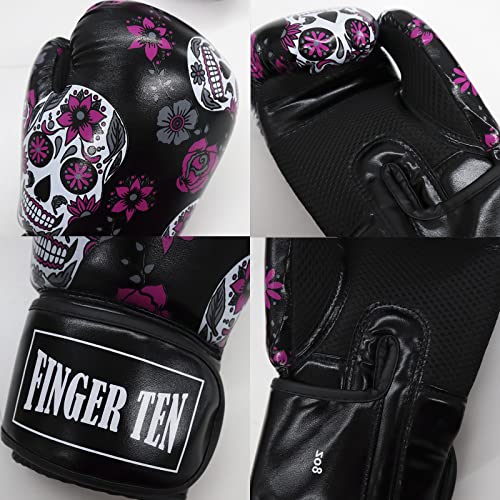 Guante de boxeo para mujer, adulto, 10 oz, de entrenamiento de piel sintética, guantes de formación profesionales, calavera), color negro