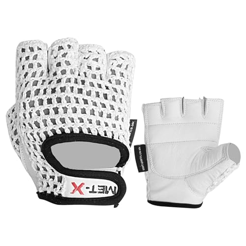 Guantes de cuero de malla de entrenamiento de pesas de cuero para culturismo, gimnasio, malla blanca (mediano)