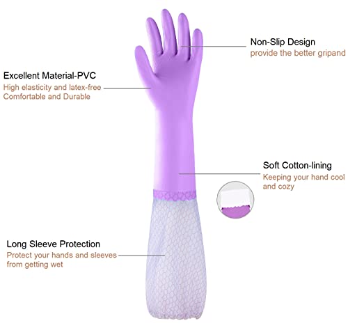 Guantes de goma para el hogar largos guantes limpieza reutilizables, guantes impermeables sin látex con forro de algodón, guantes para lavar platos para cocina, baño, jardinería (azul+morado, 2 pares)