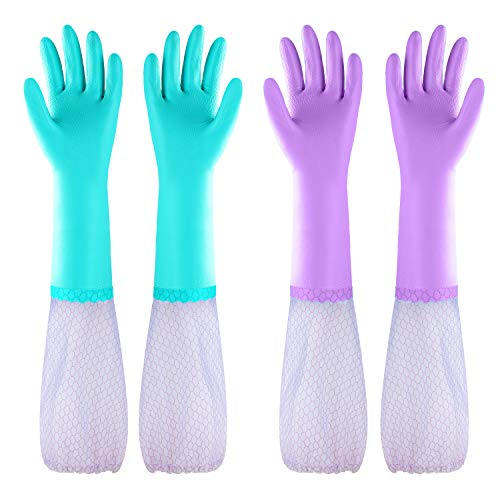 Guantes de goma para el hogar largos guantes limpieza reutilizables, guantes impermeables sin látex con forro de algodón, guantes para lavar platos para cocina, baño, jardinería (azul+morado, 2 pares)