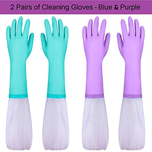 Guantes de goma para el hogar largos guantes limpieza reutilizables, guantes impermeables sin látex con forro de algodón, guantes para lavar platos para cocina, baño, jardinería (azul+morado, 2 pares)