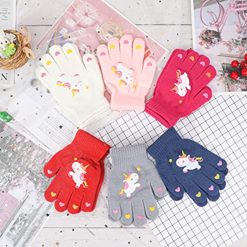 Guantes para niños Guantes de Unicornio Coloridos de Punto de Invierno Guantes Mágicos para Dedos Completos Guantes Cálidos Elásticos para Niños y Niñas, 4 a 9 años, 6 Pares